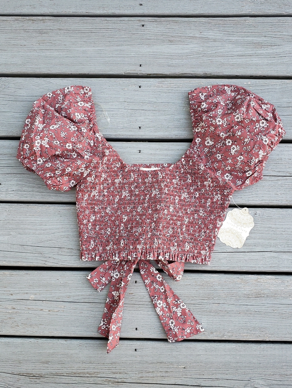 Altar'd State Cropped Floral Puff Sleeve Smocked Blouse - Small